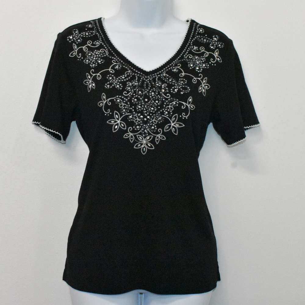 Black Alfred Dunner V Neck Short Sleeve Shirt - Size Small